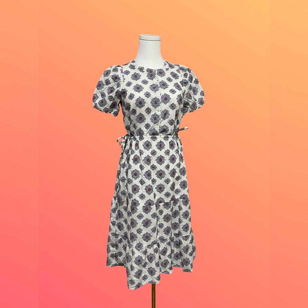 LOFT White Midi Dress with Blue Floral Motif